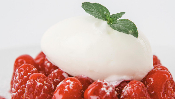 Mozzarella gelato with raspberries